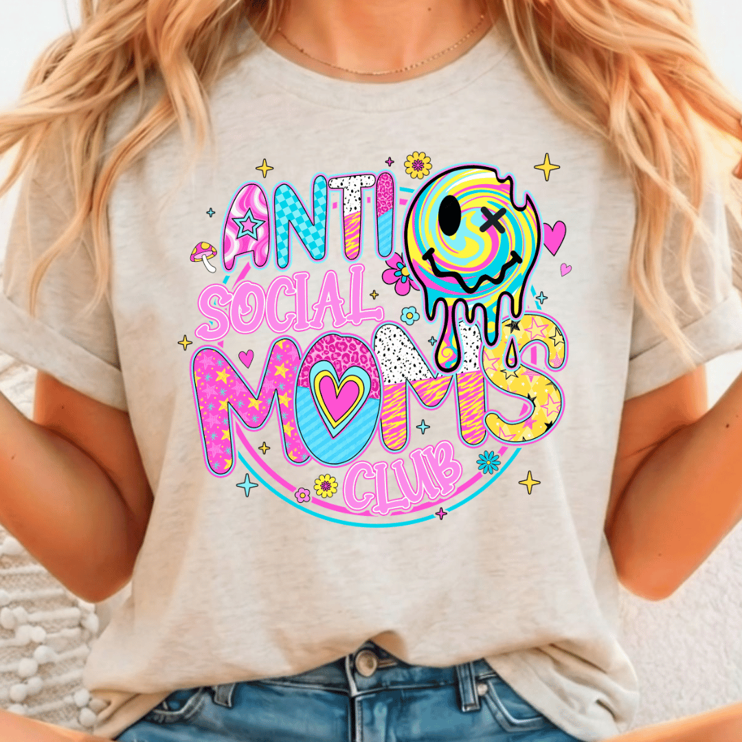 Anti Social Moms Club W/ Smiley Face - Full Color DTF T-Shirt Transfer - 554