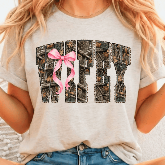 Camo Wifey w/ Pink Bow - Full Color DTF T-Shirt Transfer - 171
