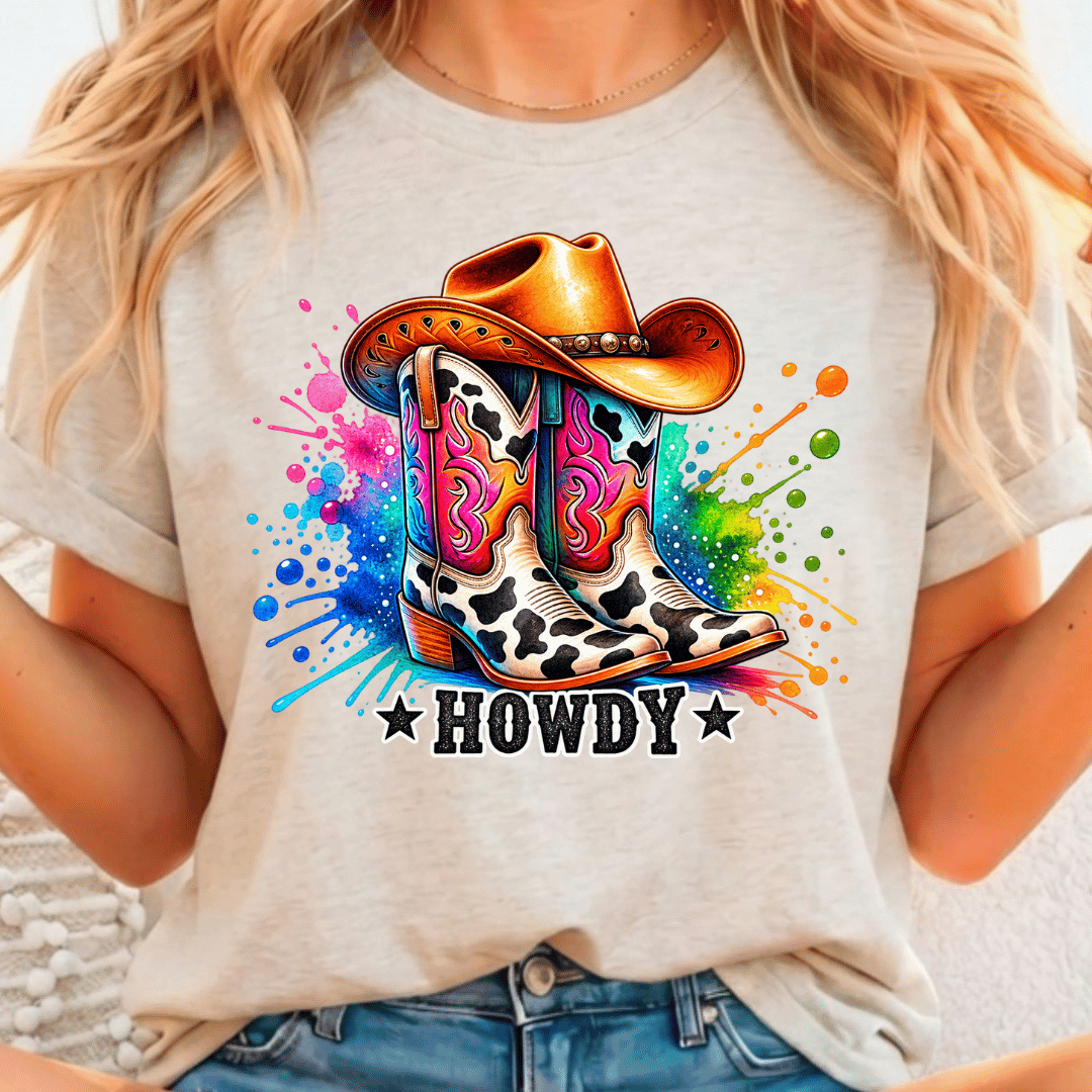 Colorful Howdy w/ Cow Boots - Full Color DTF T-Shirt Transfer - 723