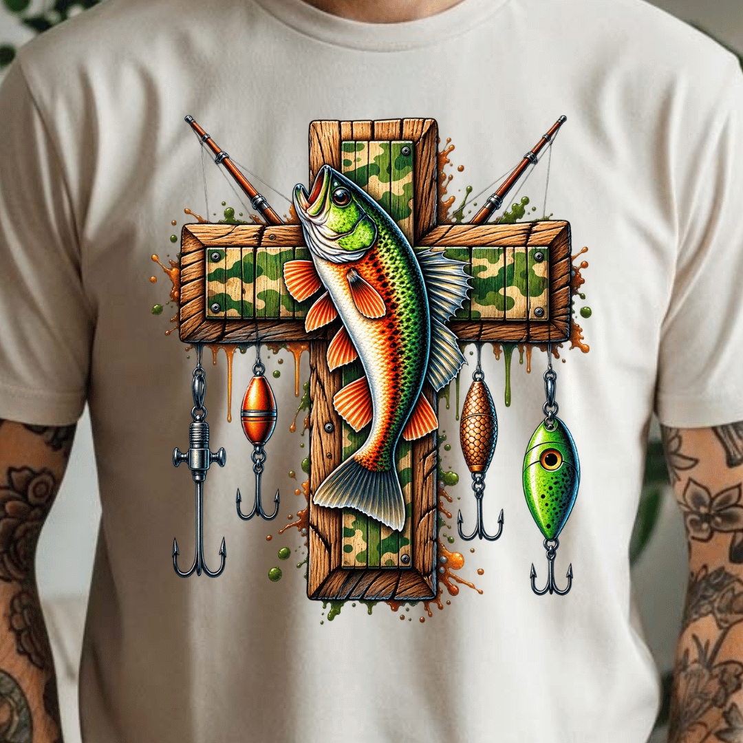 Fishing Cross - Adult Size - Full Color DTF T-Shirt Transfer - 613
