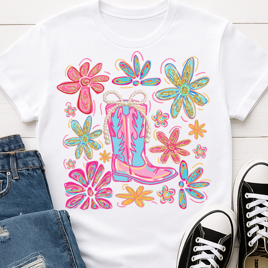 Floral Cowgirl Boot Full Color DTF T-Shirt Transfer - 64