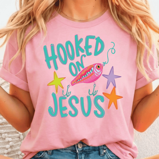 Hooked On Jesus Purple & Teal - Full Color DTF T-Shirt Transfer - 604