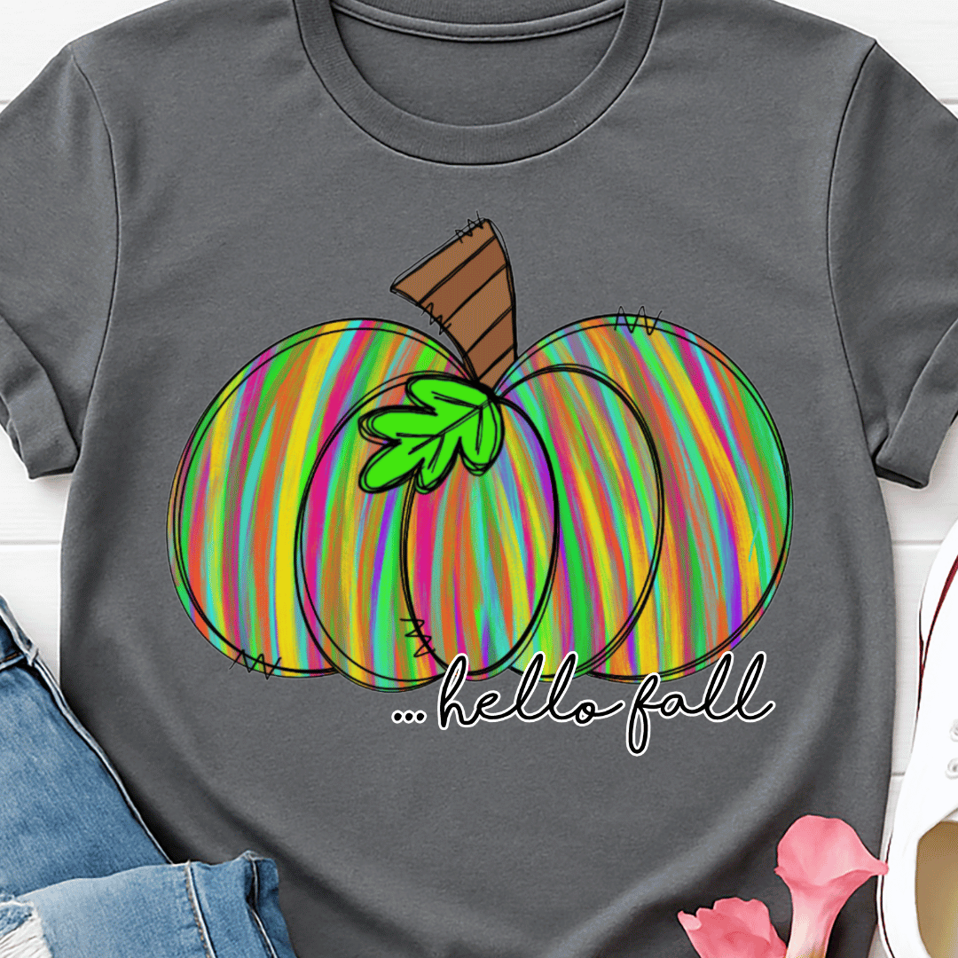 Hello Fall Green Pumpkin - Full Color DTF T-Shirt Transfer - 744