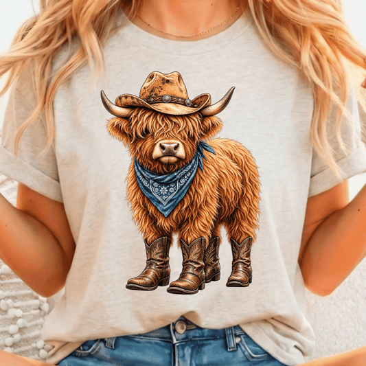 Highland Cow w/ Boots & Hat - Full Color DTF T-Shirt Transfer - 606