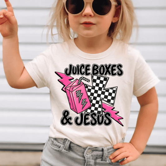 Juice Boxes & Jesus Pink & Checkered - Kids Sized - Full Color DTF T-Shirt Transfer - K1