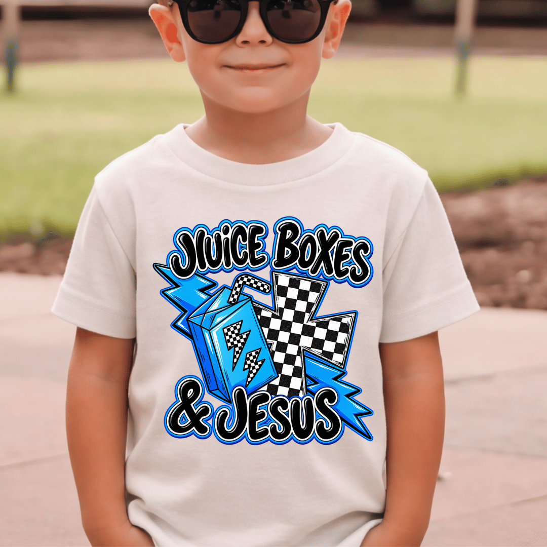 Juice Boxes & Jesus Blue & Checkered - Kids Sized - Full Color DTF T-Shirt Transfer - K12