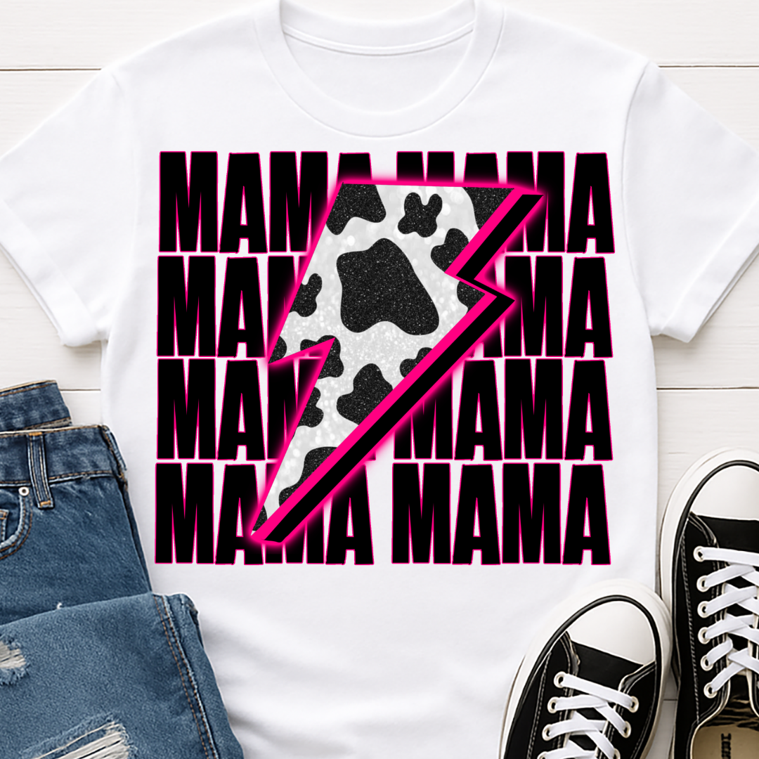 Mama Pink Cow Bolt - Full Color DTF T-Shirt Transfer - 126