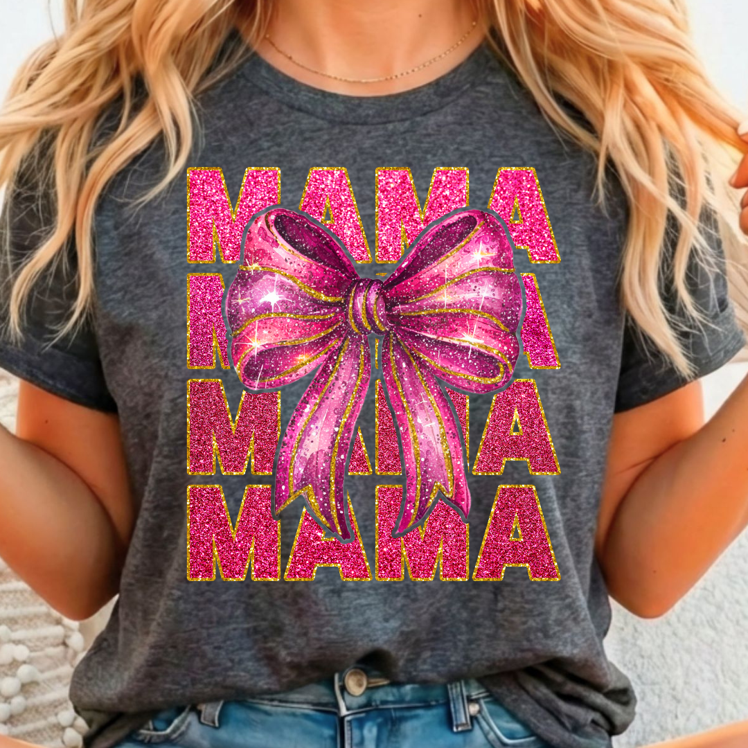 Mama Pink Glitter w/ Bow - Full Color DTF T-Shirt Transfer - 175