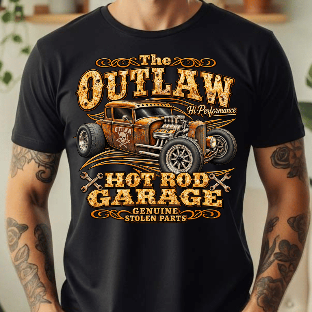The Outlaw Hot Rod Garage - Full Color DTF T-Shirt Transfer - 757