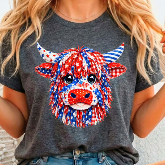 Patriotic Highland Cow Full Color DTF T-Shirt Transfer - 362