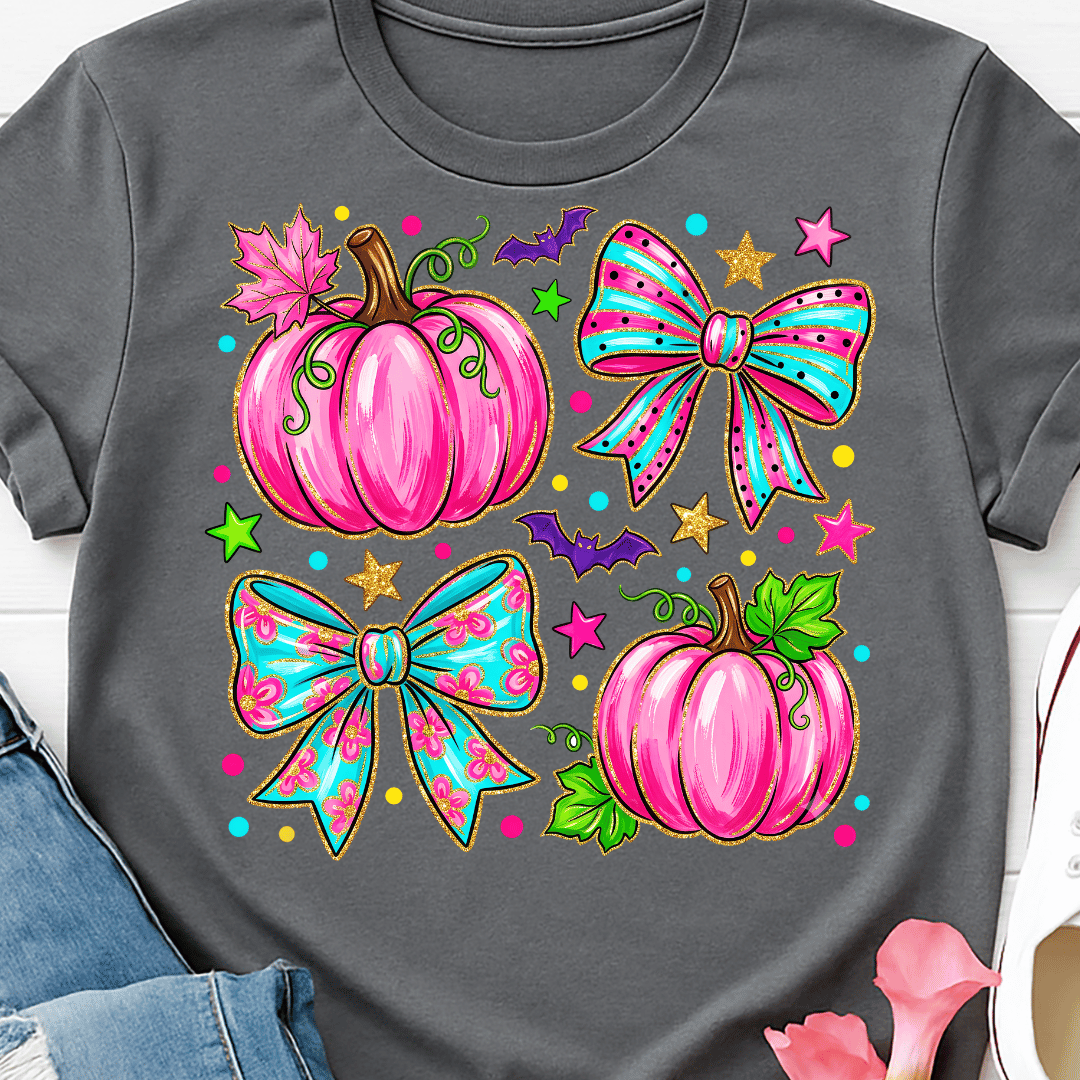 Pink Pumpkins & Bows - Full Color DTF T-Shirt Transfer - 479