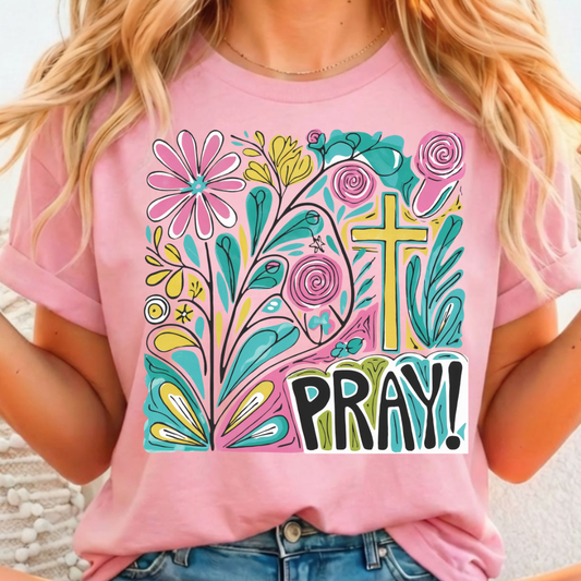 Pray Teal Floral Full Color DTF T-Shirt Transfer - 257