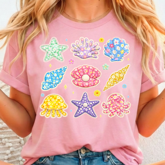 Sea Shells Floral - Full Color DTF T-Shirt Transfer - Adult Size - 200