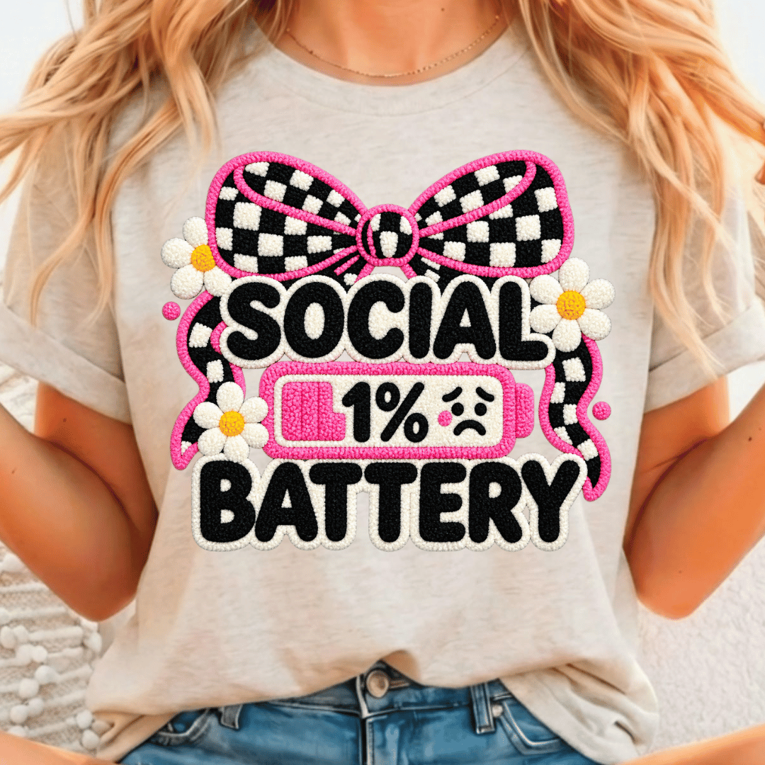 Social Battery 1% - Adult Size - Full Color DTF T-Shirt Transfer - 611