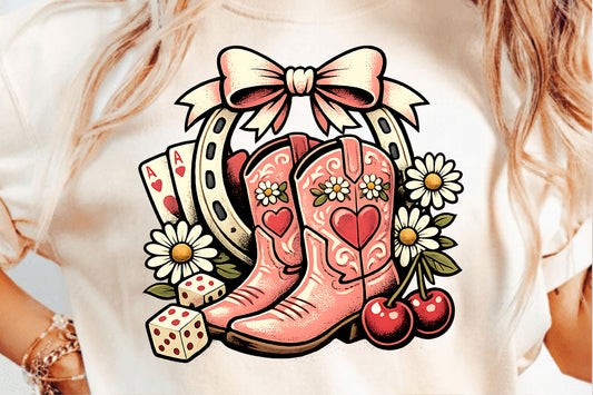 Pink Boots w/ Cards & Dice Full Color DTF T-Shirt Transfer - 229